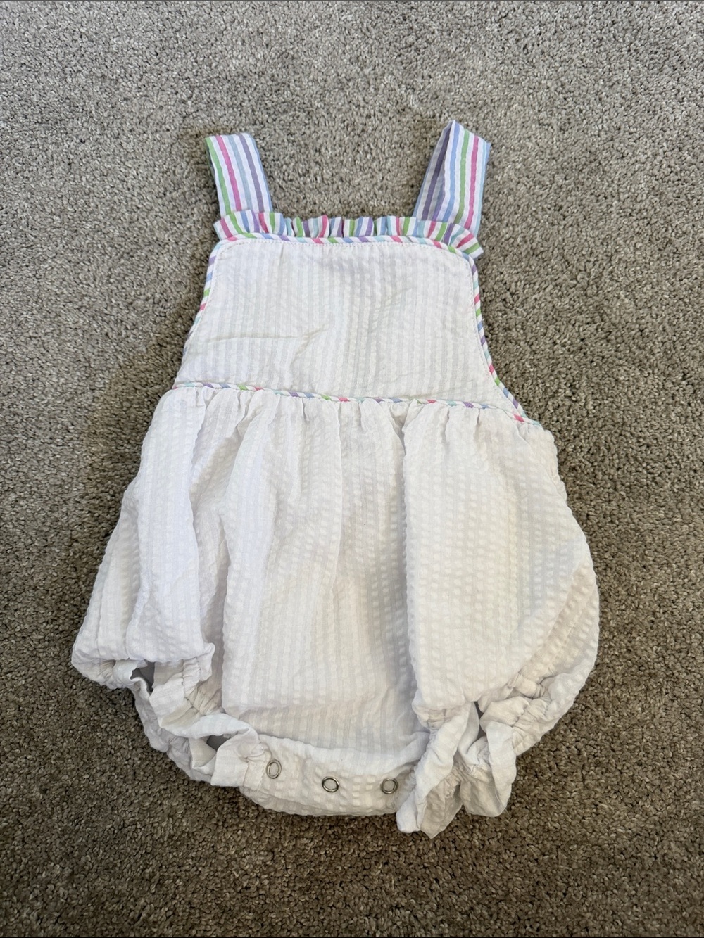 White Seersucker Baby Bubble Romper with Pastel Striped Trim